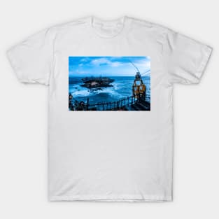 Swinging rope foot bridge and cable car to a rock island T-Shirt